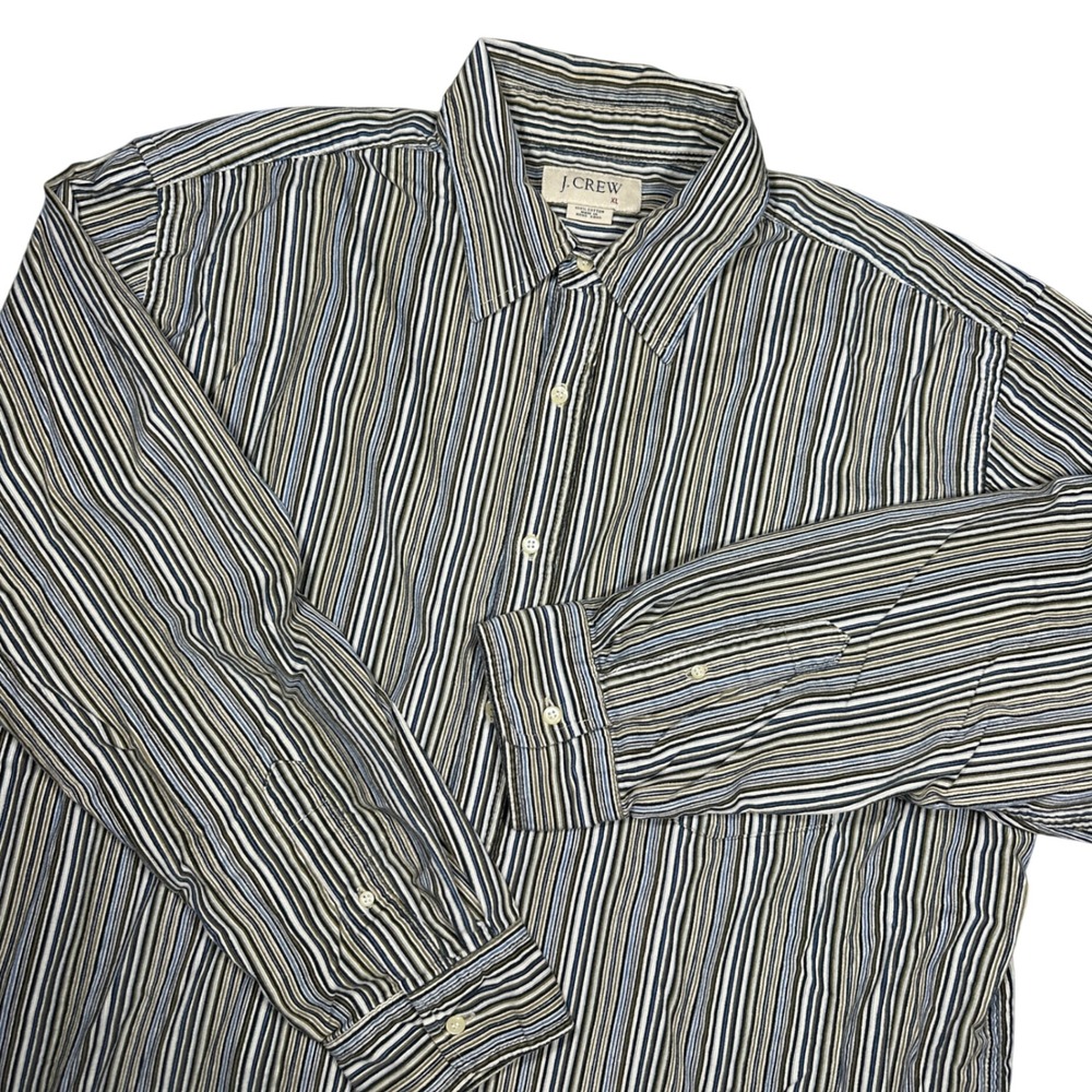 90s J. Crew Mens XL Striped Button Down Shirt Long Sleeve Cotton Blue Tan Multi